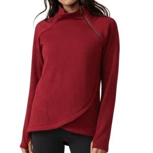 Athleta Cozy Karma Asymmetrical Zip Mock Neck Pullover Sweatshirt‎ Women L Red